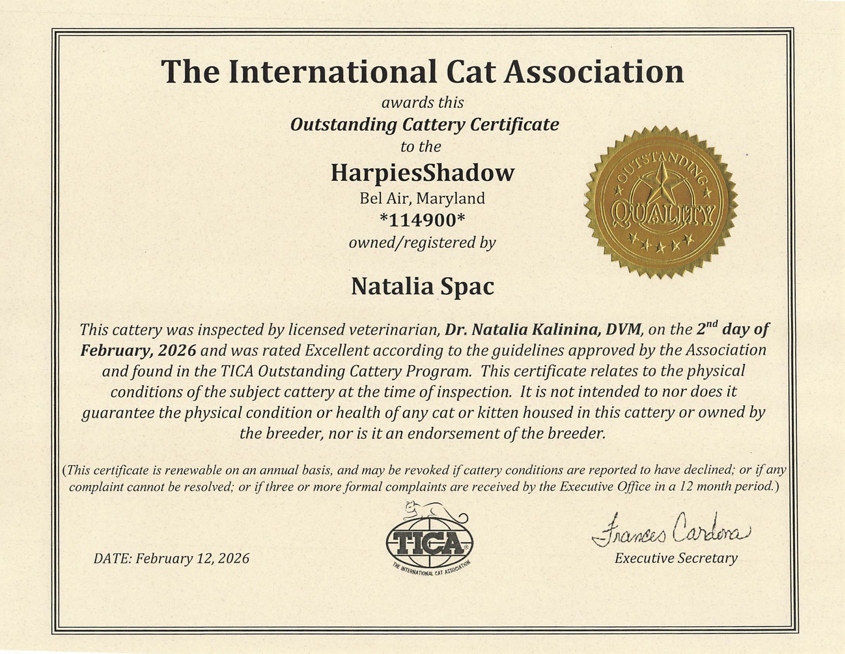 Outstanding Cattery Certificate preview