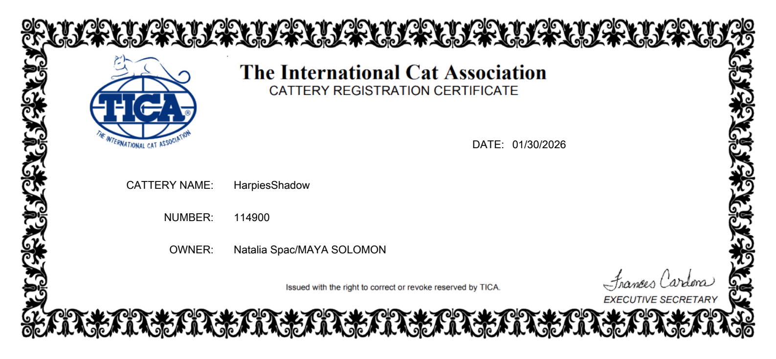 Cattery registration certificate preview
